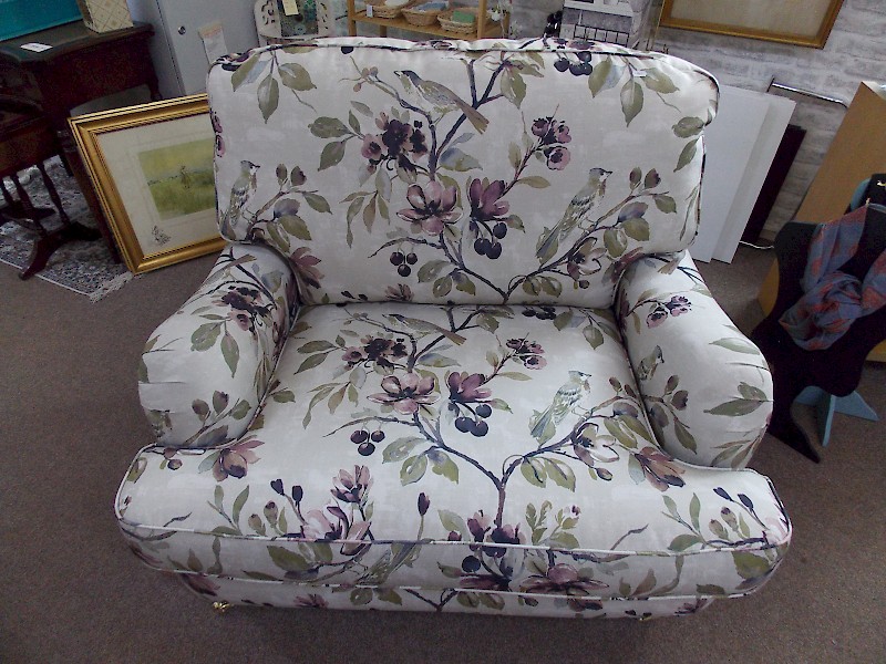 Extra Wide Fabric Floral Blossom Patterned Armchair with Brass Castors