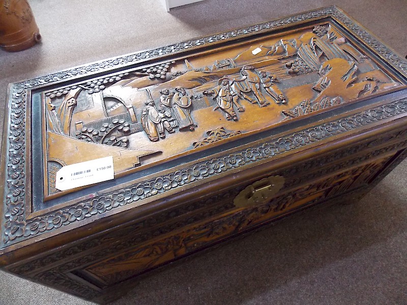 Antique Oriental Carved Two Tone Camphor Wood Trunk