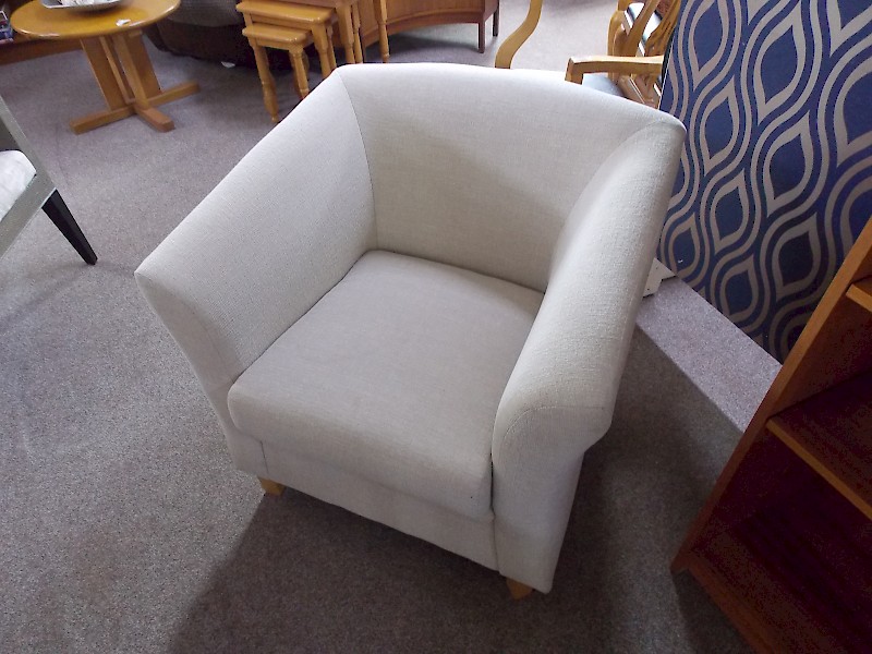 Cream Fabric Art Deco Styled Tub Chair with Beech Wooden Legs