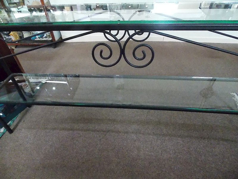Extra Long Heavyweight Glass Console Room Display Unit in Black Metal