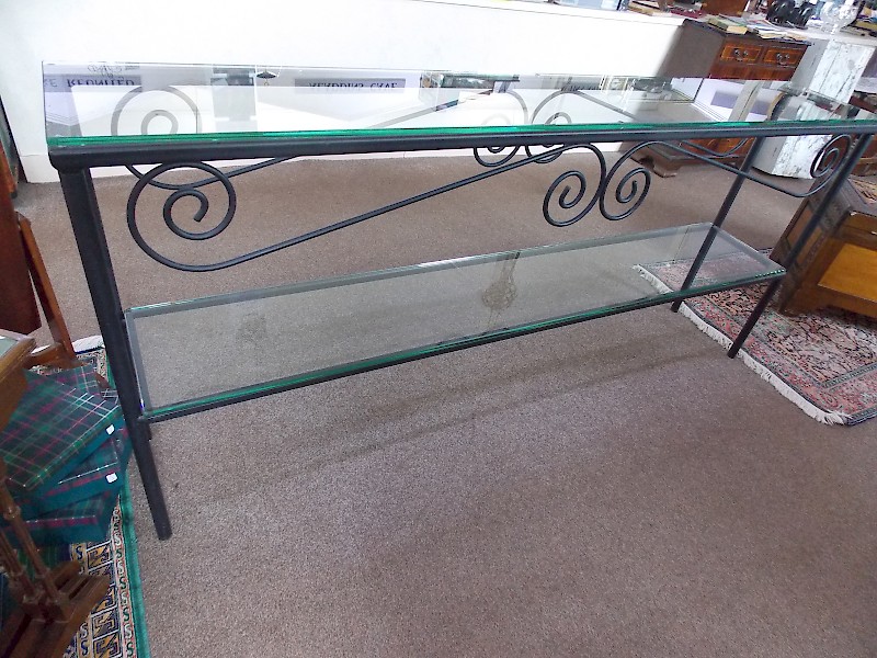 Extra Long Heavyweight Glass Console Room Display Unit in Black Metal