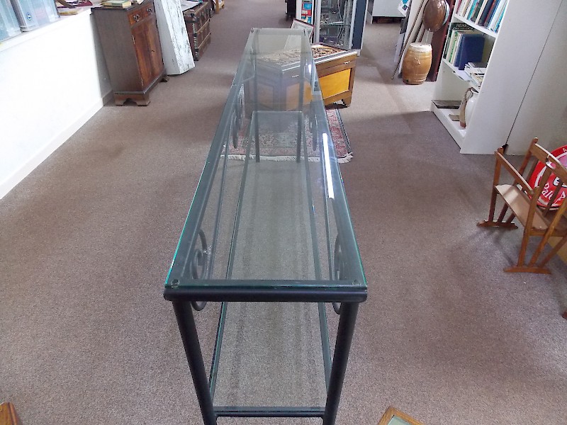 Extra Long Heavyweight Glass Console Room Display Unit in Black Metal