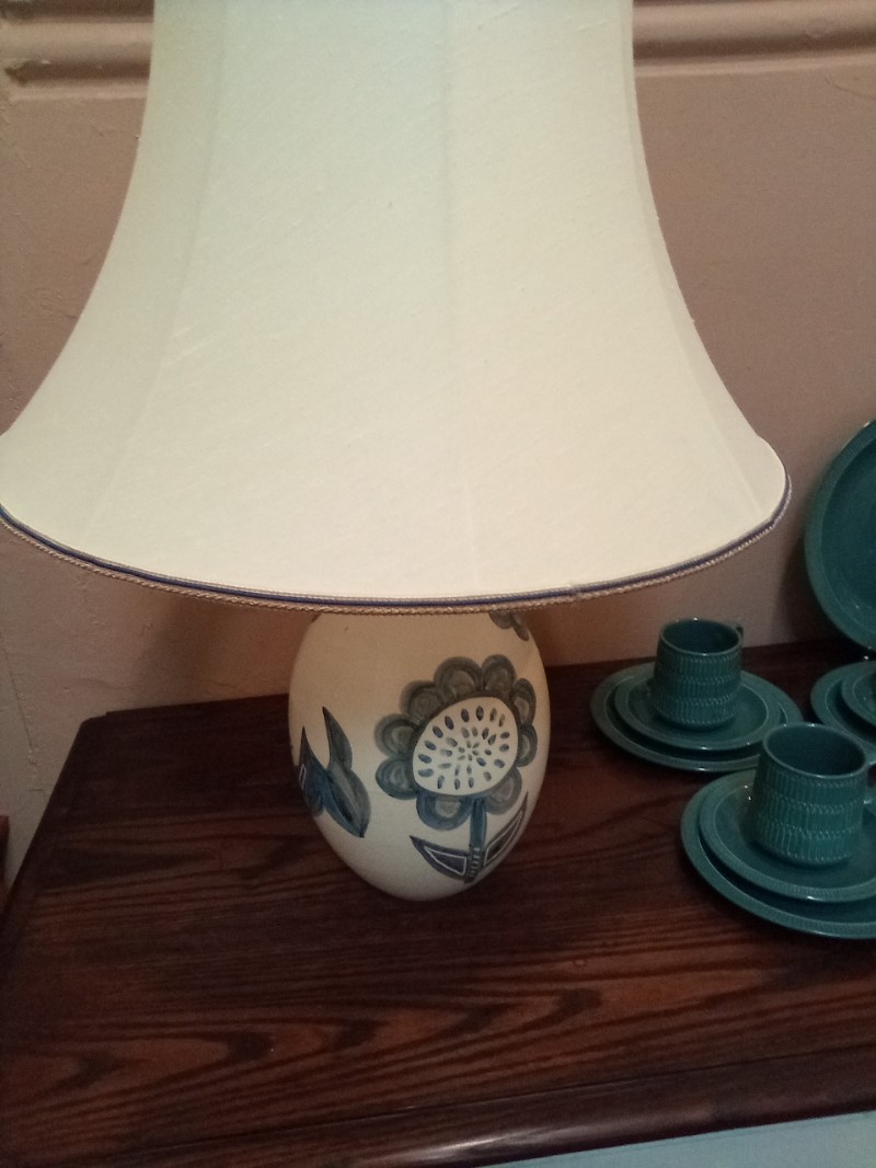 Beautiful Pottery and Glaze Lamp in Blue Floral Pattern with Linen Shade.