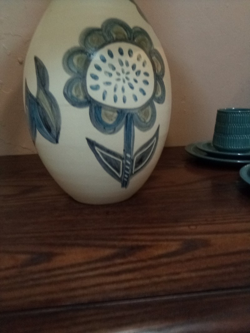 Beautiful Pottery and Glaze Lamp in Blue Floral Pattern with Linen Shade.