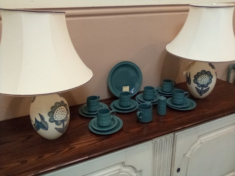 Beautiful Pottery and Glaze Lamp in Blue Floral Pattern with Linen Shade.