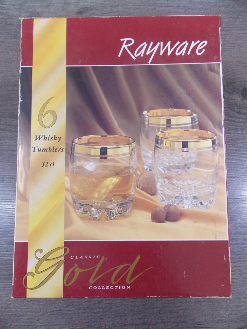 Rayware Classic Boxed 6 Whiskey Tumblers Weighted Base with Gold Trim GREAT Price!