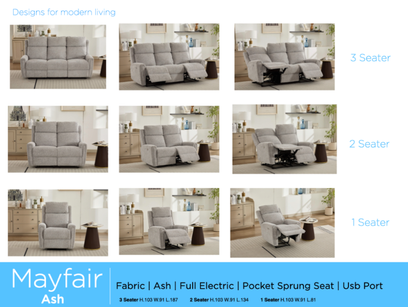 Mayfair Sofa Range in Ash Fabric with Electric Option