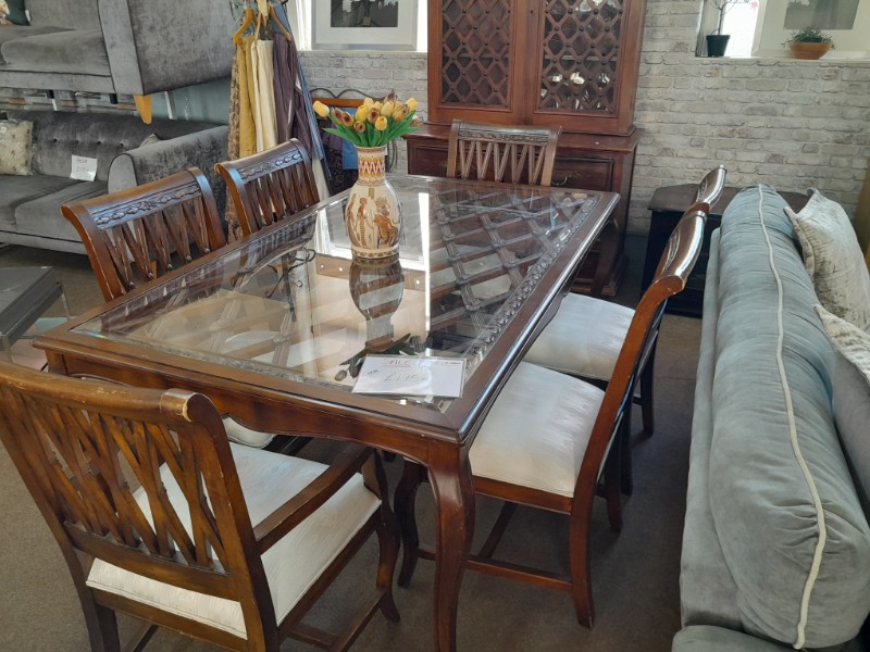 Large Extra Wide  Oak Glass Topped Sculpted Dining Table with 6 Upholstered Chairs