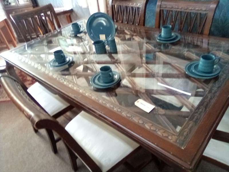 Large Extra Wide  Oak Glass Topped Sculpted Dining Table with 6 Upholstered Chairs