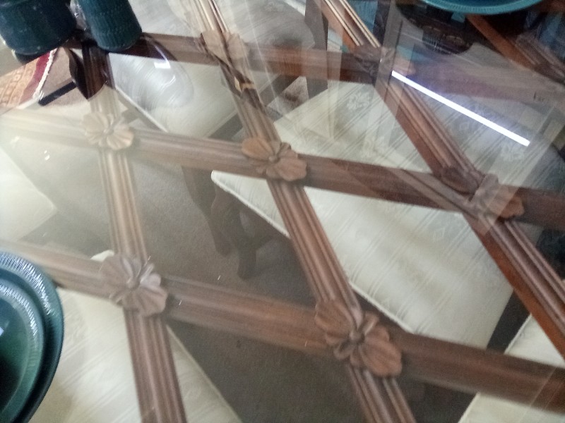 Large Extra Wide  Oak Glass Topped Sculpted Dining Table with 6 Upholstered Chairs