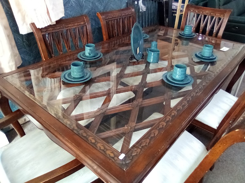 Large Extra Wide  Oak Glass Topped Sculpted Dining Table with 6 Upholstered Chairs