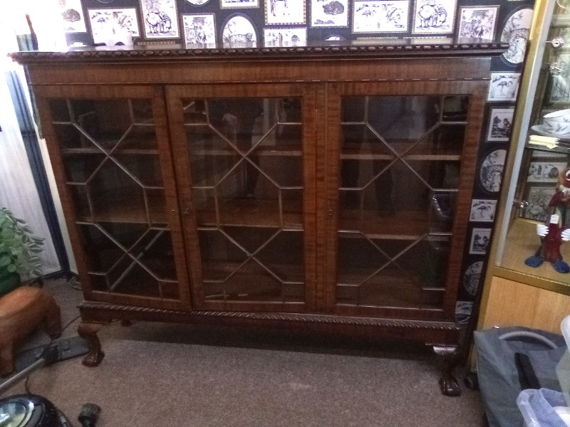 Stunning Dark Oak 3 Door Glass Display Shelving Unit with Key