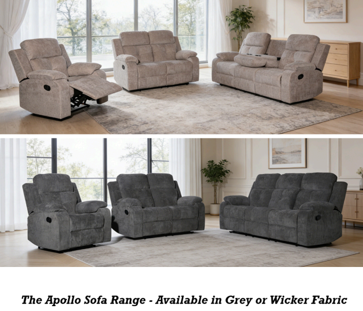 Apollo Manual Recliner Sofa Range in Wicker or Grey Fabric