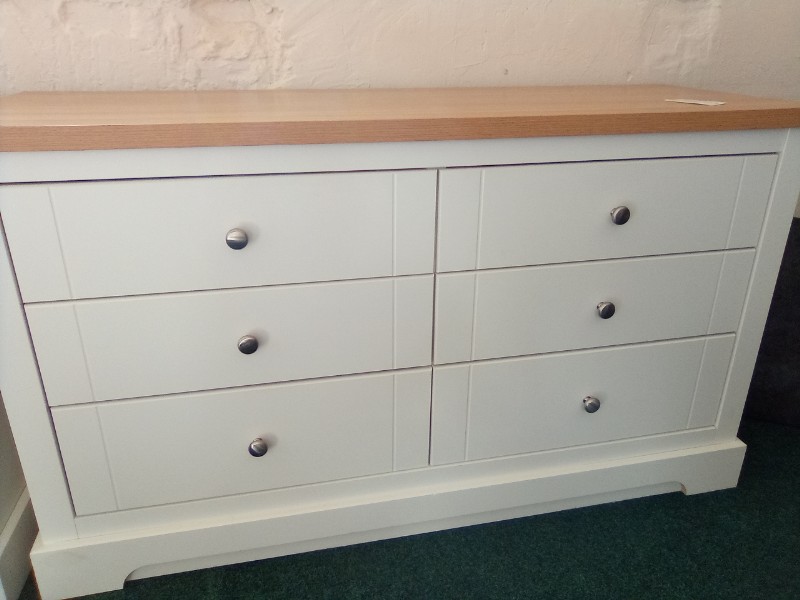 White and Oak Finish 6 Drawer Chest, Metal Handles