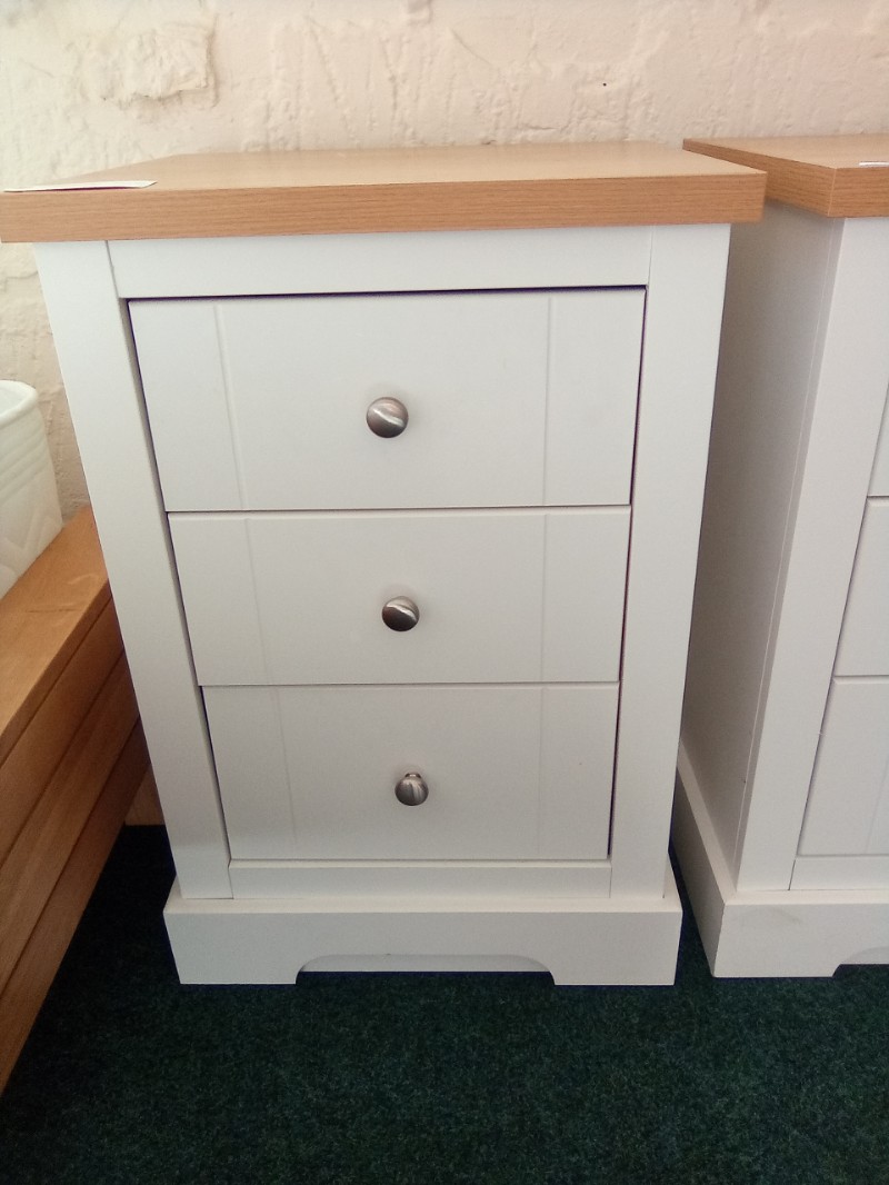 White and Oak Finish 3 Drawer Bedside Chest, Metal Handles