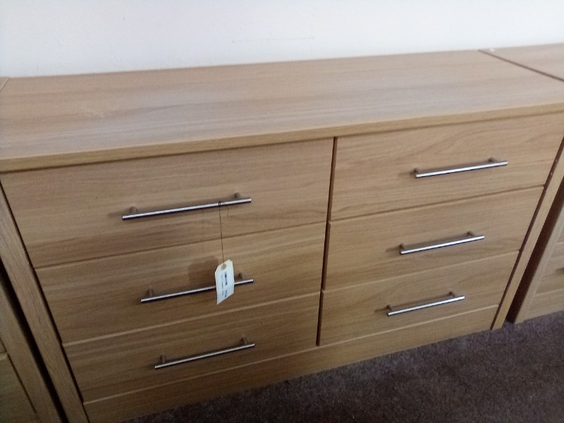 6 Drawer Wide Chest in Oak Veneer with Metal Pull Bar Handles